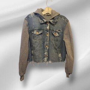 Ci‎ Sono Destroyed Cropped Denim Jacket with attached Hoody